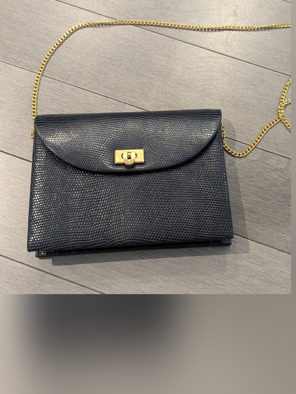 Navy Blue  Leather. Texture  Gold Chain Shoulder Mini Bah Wigmore London Vintage